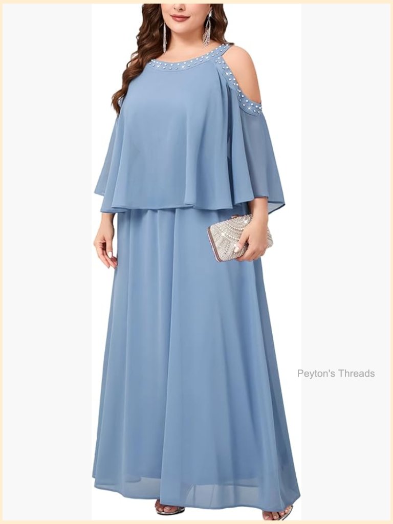 Plus Size Chiffon Formal Maxi Dress Beaded Neckline Cold Shoulder Tiered